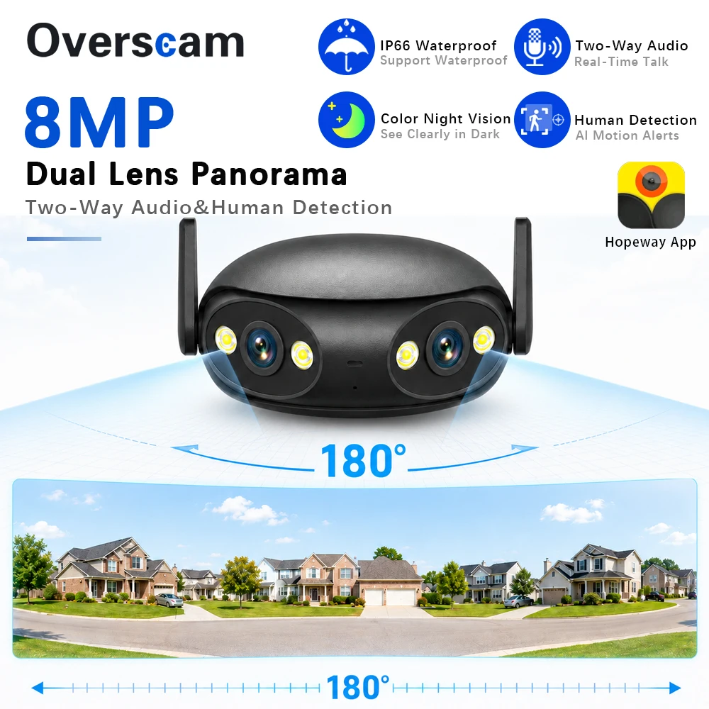 4K 8MP Security Camera Outdoor WiFi Dual Lens Video Surveillance Smart Home 180° Wide Angle Panoramic View Webcam USB Port Power