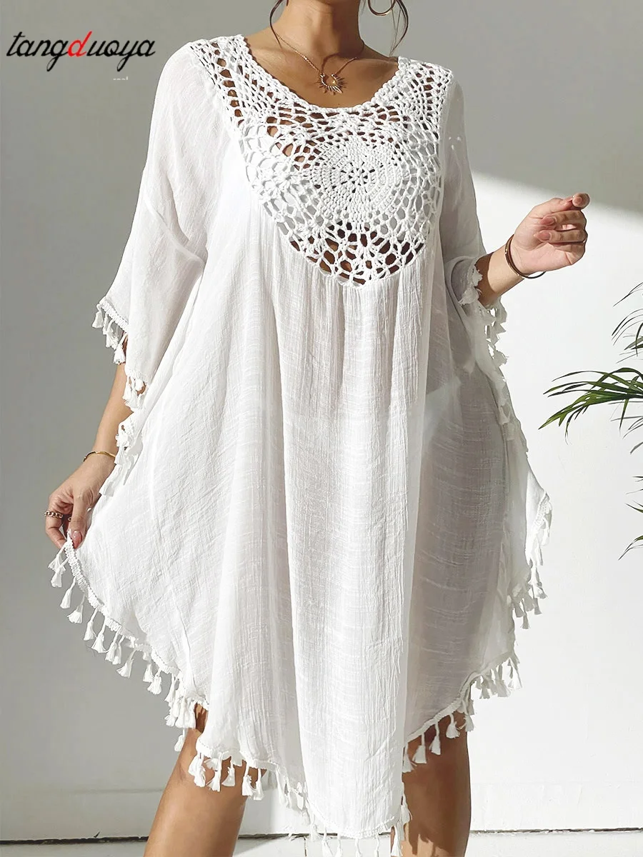 Women's Handmade Crochet Splicing Swimsuit Cover-Ups With Tassel Summer Holiday Beach Casual Loose Sunscreen Short Dress
