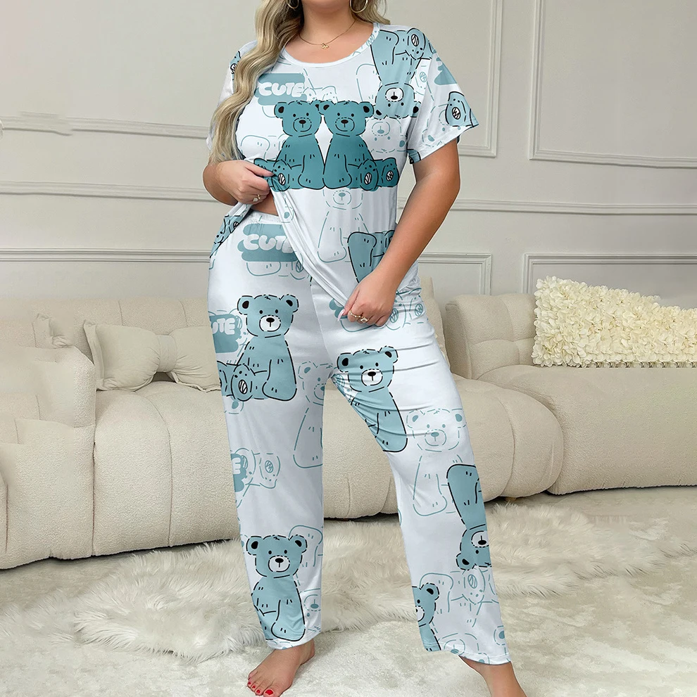 Large Size Oversized 5XL Women\'s Pajama Set Round Neck T-shirt Trousers Sleepwear Cartoon Bear Print Pyjamas Female Loungewear