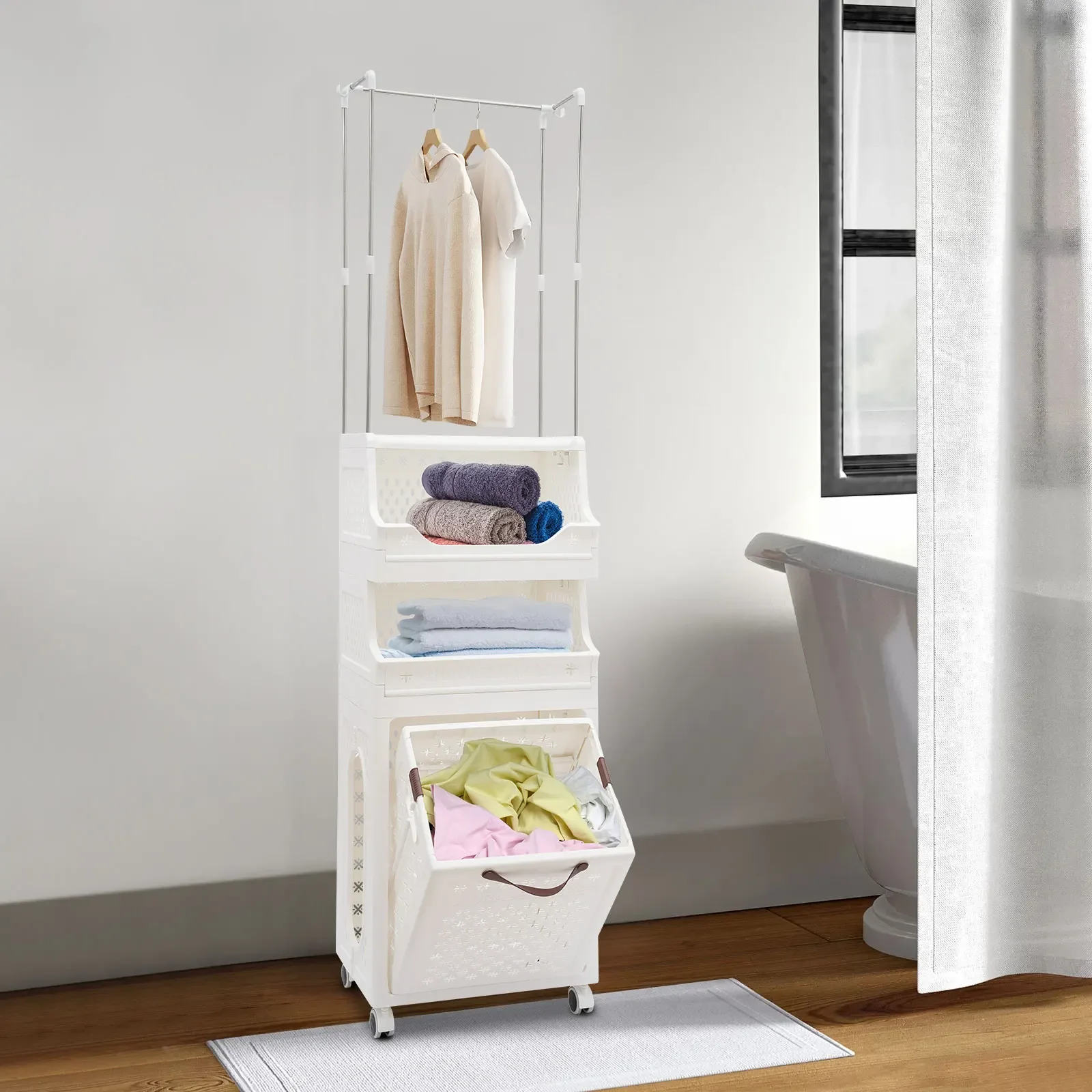 

Laundry Basket with Wheels, Rolling Folding Laundry Organizer, Laundry Storage Basket Rack, Laundry Basket with Shelf