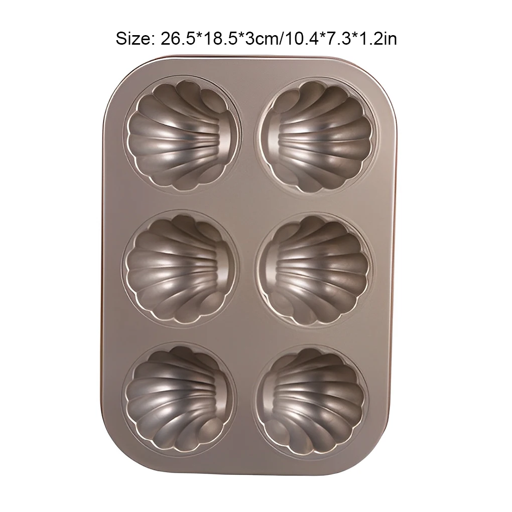 Non Stick Cake Baking Pan, Forma Shell, Aço Carbono, Pudim, Gadgets De Cozinha, Bandeja, Chocolate, Molde Cupcake, 6 Cavidade