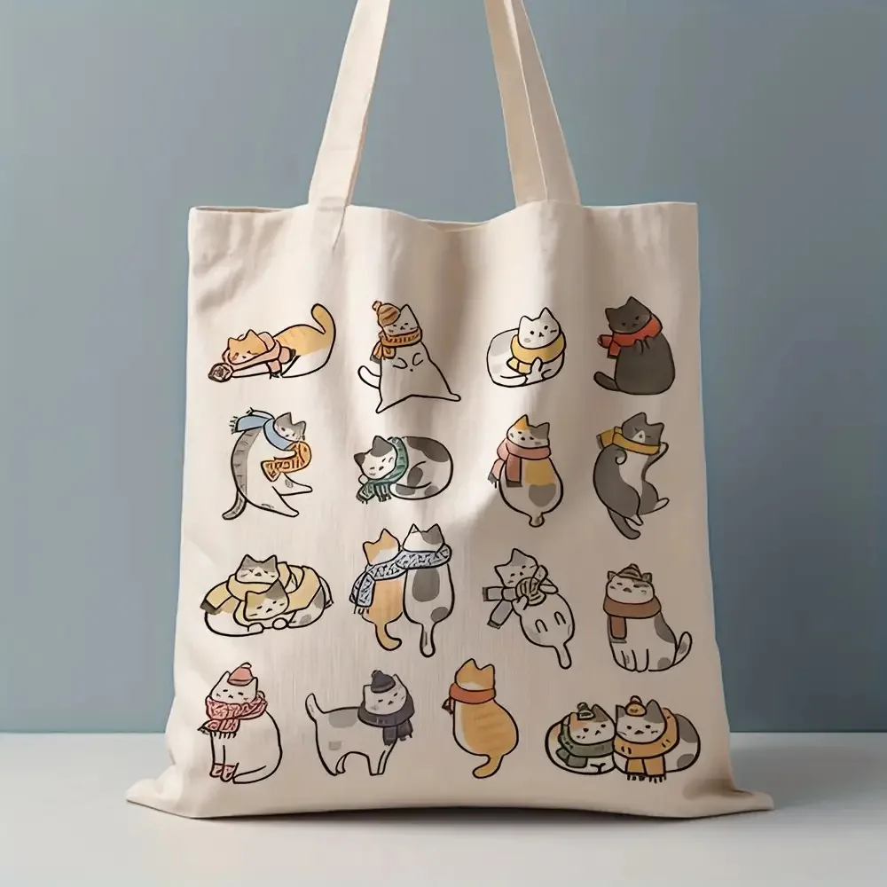 Niedliche Einkaufstaschen aus Canvas mit Katzenmotiv im japanischen Stil für Frauen, umweltfreundliche, wiederverwendbare Schultertaschen, Handtaschen als Geschenk. – Detail 6