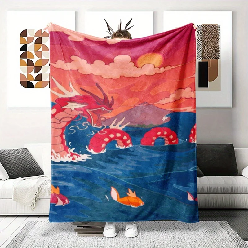 1pc Gyarados Rising from Depths Plush Throw Blanket - Vibrant Dragon & Sunset Design, Soft Flannel, Machine Washable, Perfect