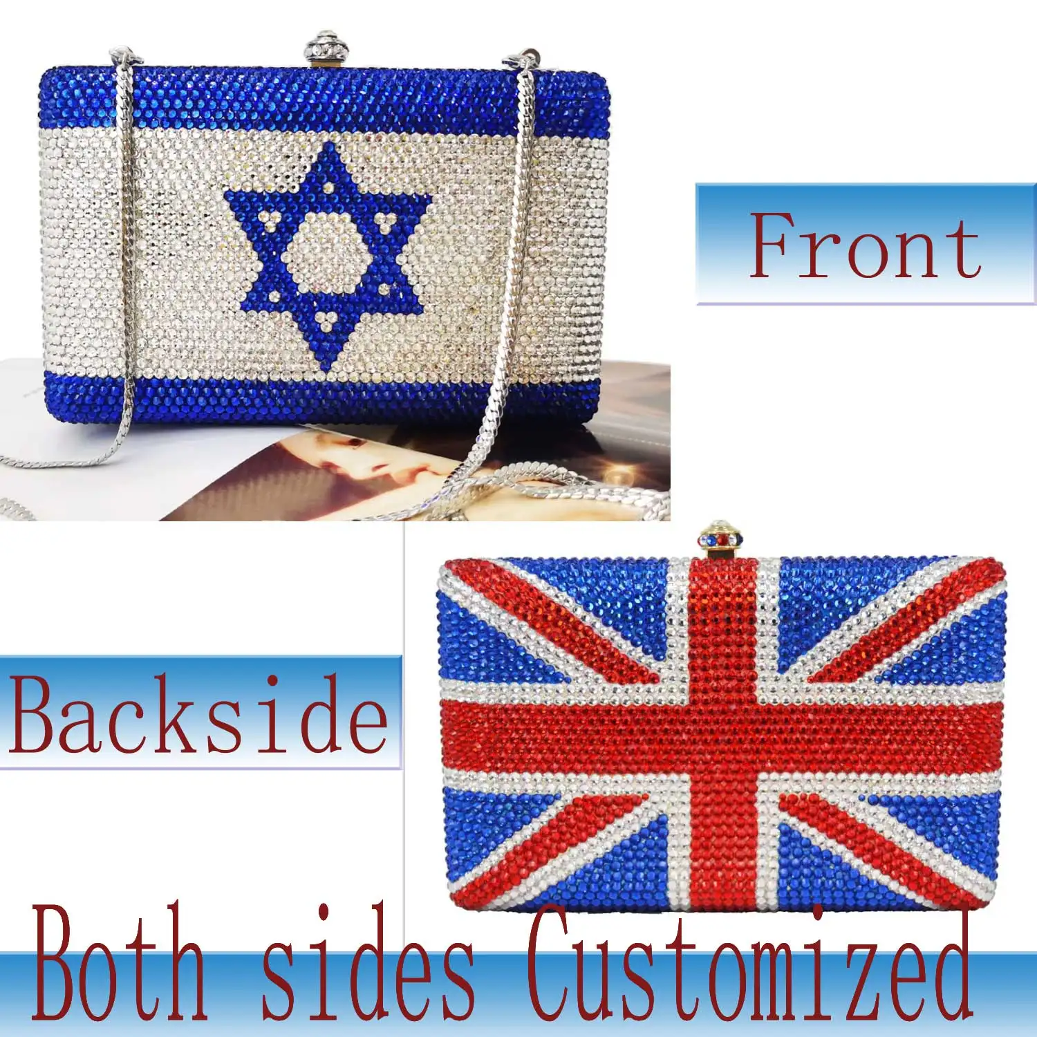 

KHNMEET Customized Luxury Crystal Israel Flag Design Evening Bags UK USA Pattern Evening Bags for Women Purse Clutch Bags sm78