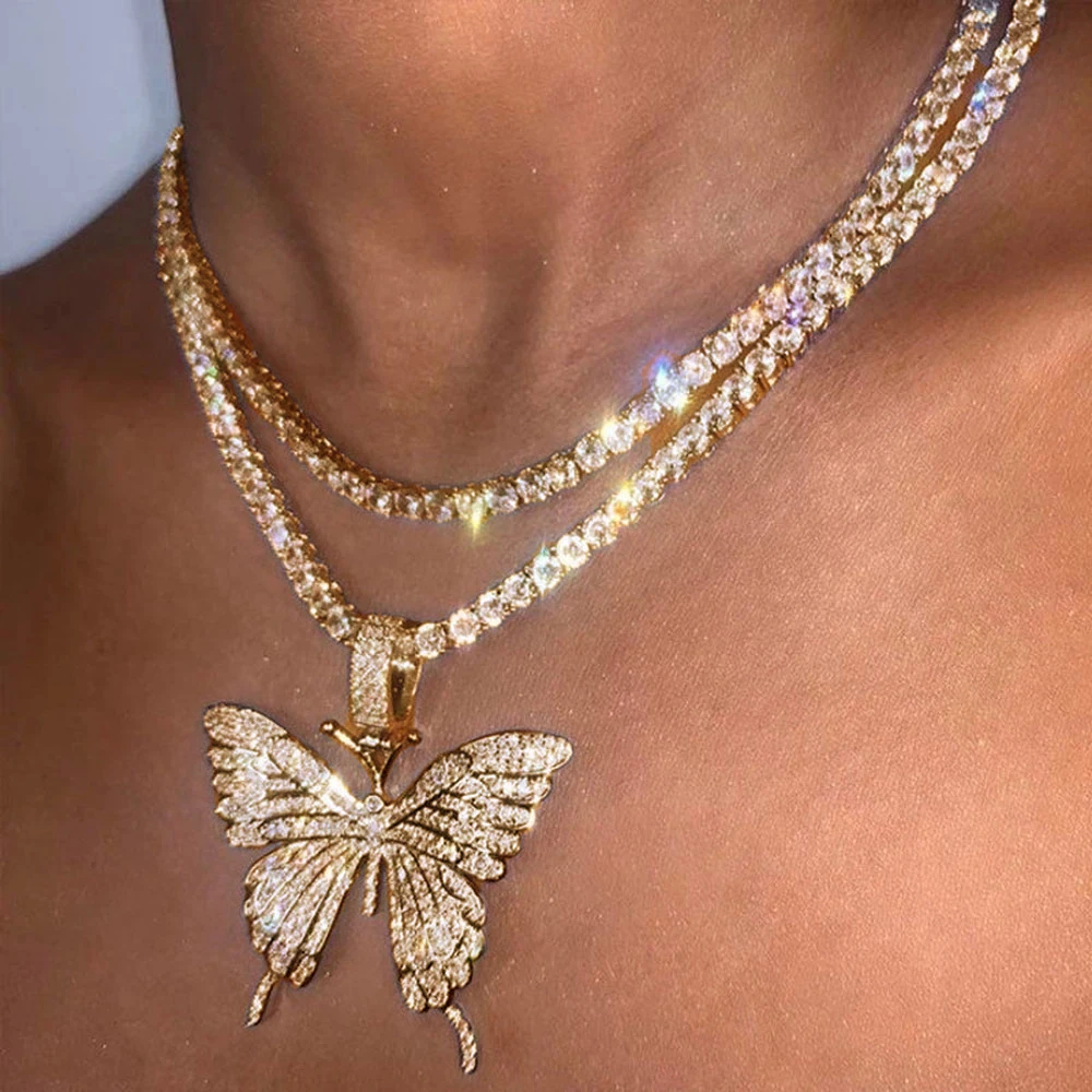 Fashion Hip-hop Shiny Zircon Large Butterfly Pendant Rap Cuban Chain Diy Custom Women's Party Jewelry