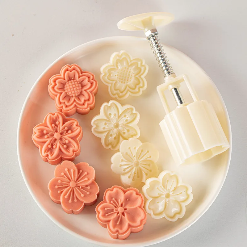 Mooncake Mold,30/50g Cherry Flower Moon Cake Mold With 4pcs Stamps,Hand-Pressure Cookie Dessert Stamps,Pastry Decoration Tool