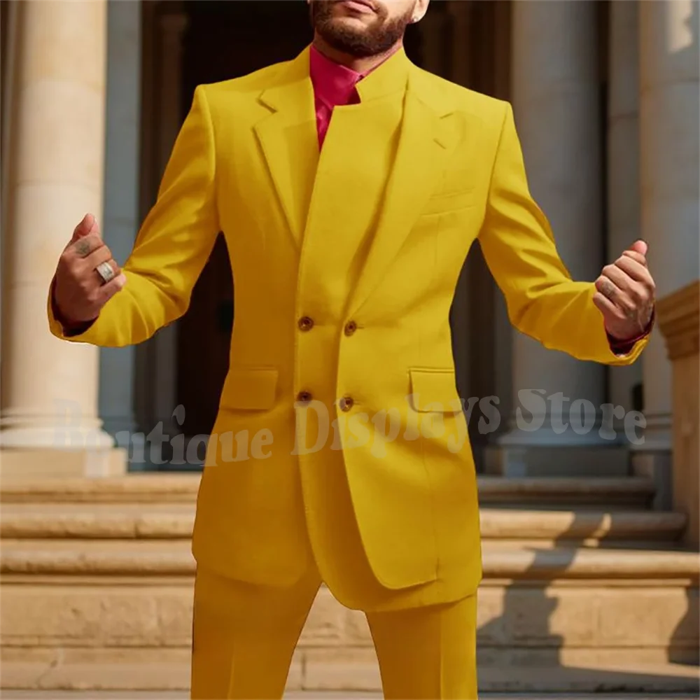 

Handsome Notch Lapel Suit For Men New Fashion Unique Yellow Slim Fitted Outfit Gentleman Casual Party Social Prom Blazer Set