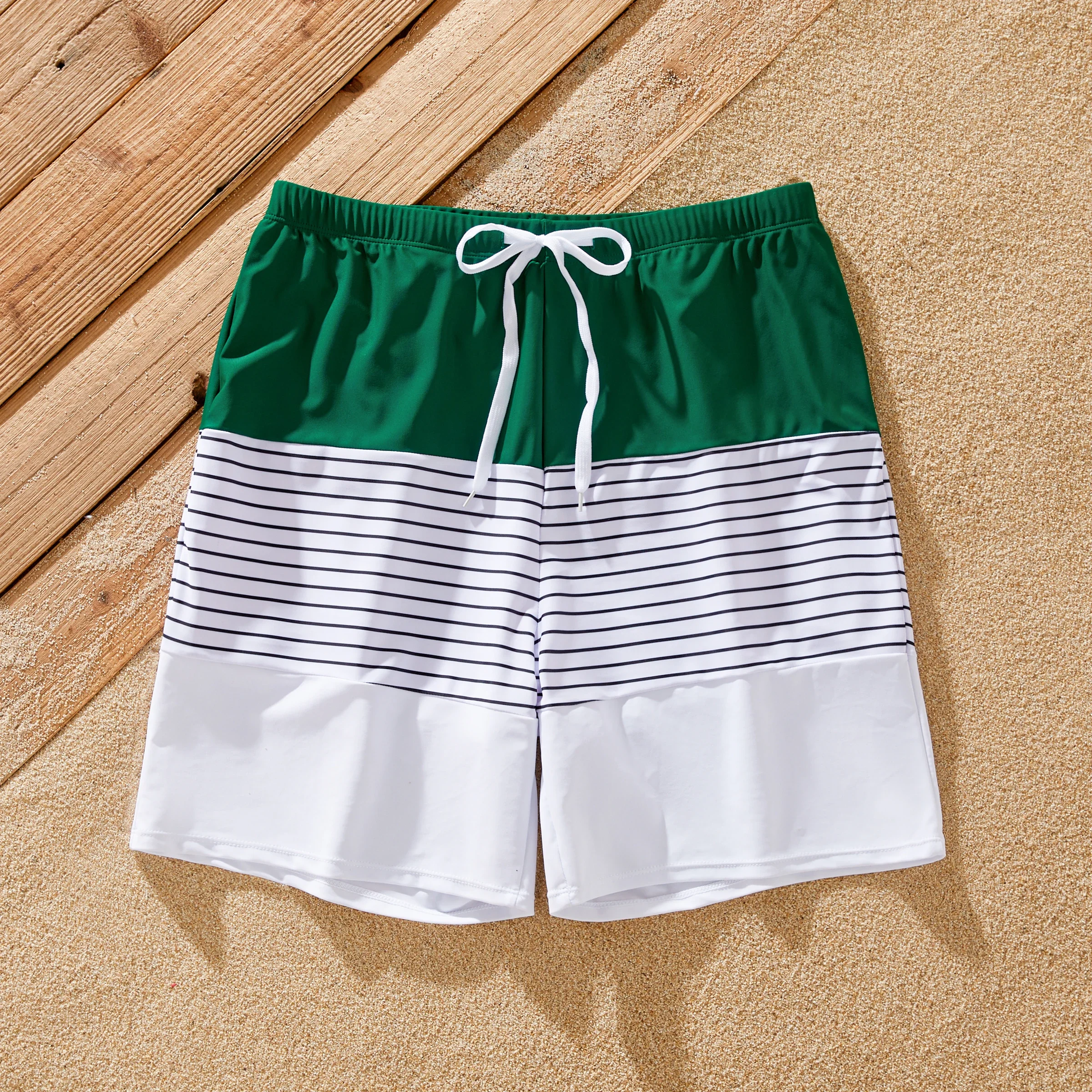 PatPat Family Matching Color Block Drawstring Swim Trunks or Stripe Cross Front Two-Piece Swimsuit Suitable for Summer Season