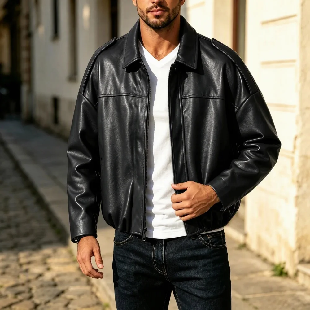 Men's Polyester Leather Jacket Solid Color Fashion Design with Lapel Collar and Practical Pocket for Warm Weather