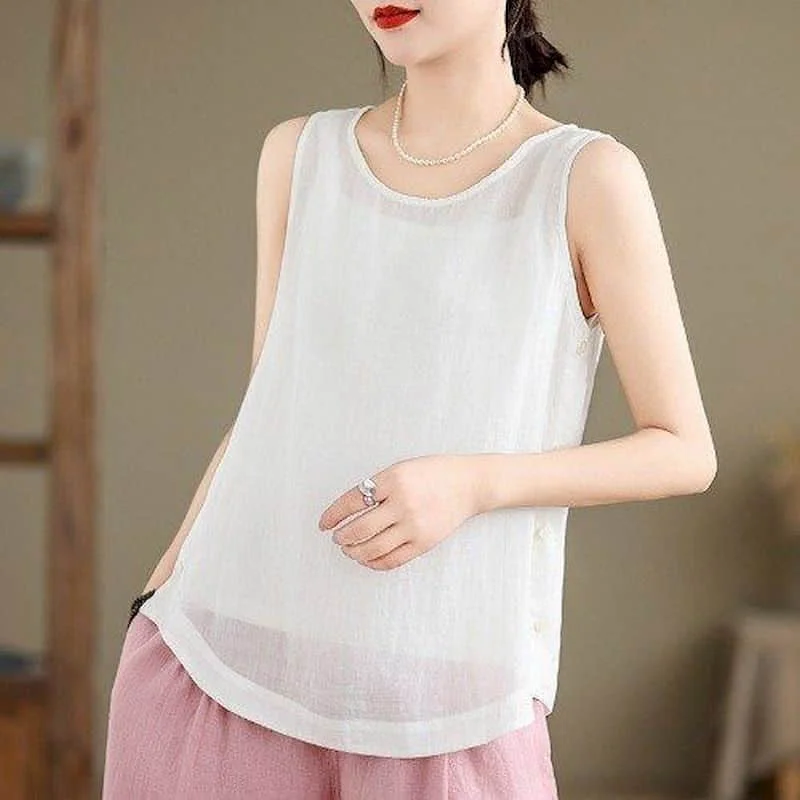 Cotton Linen Vests for Women Summer Thin New Korean Style Casual Loose Outerwear Tanks O-neck Sleeveless T-shirts Women Clothing