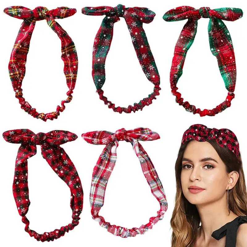 Christmas Bowknot Headband Retro Plaid Headbands With Elastic Cord Christmas Headwear Christmas Related Patterns For Shower Appl