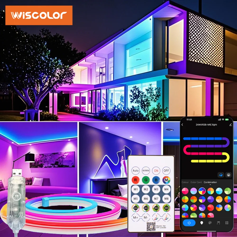 

Wiscolor 5V LED Neon Strip Light USB RGBIC 1/2/3/5m Waterproof Silicone Music Sync With Remote Control For Room DIY Decoration