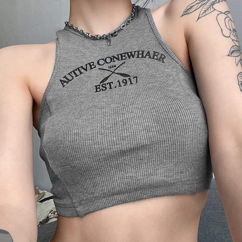 

Spring 2024 Women's Slim Fit Pure Color Printed round Ne Crop Top Vest Faionable Belly Button Exposure Svel Knitted