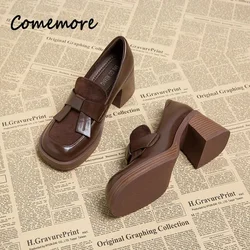 Comemore-mocasines gruesos de cuero marrón para mujer, zapatos de tacón alto con plataforma de lujo, estilo británico