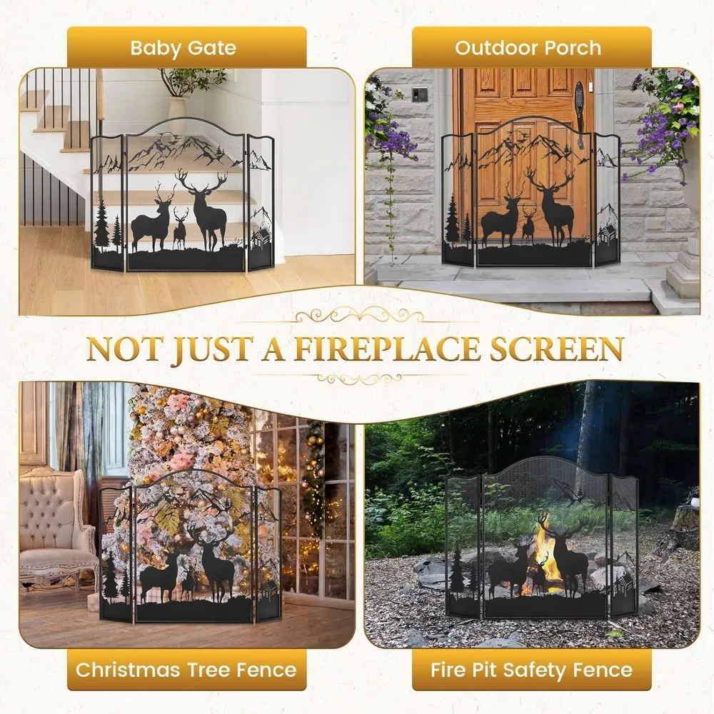 36 شاشة مدفأة من الحديد المطاوع - تصميم غزال مكون من 3 ألواح، واقي حريق قابل للطي للاستخدام الداخلي/الخارجي