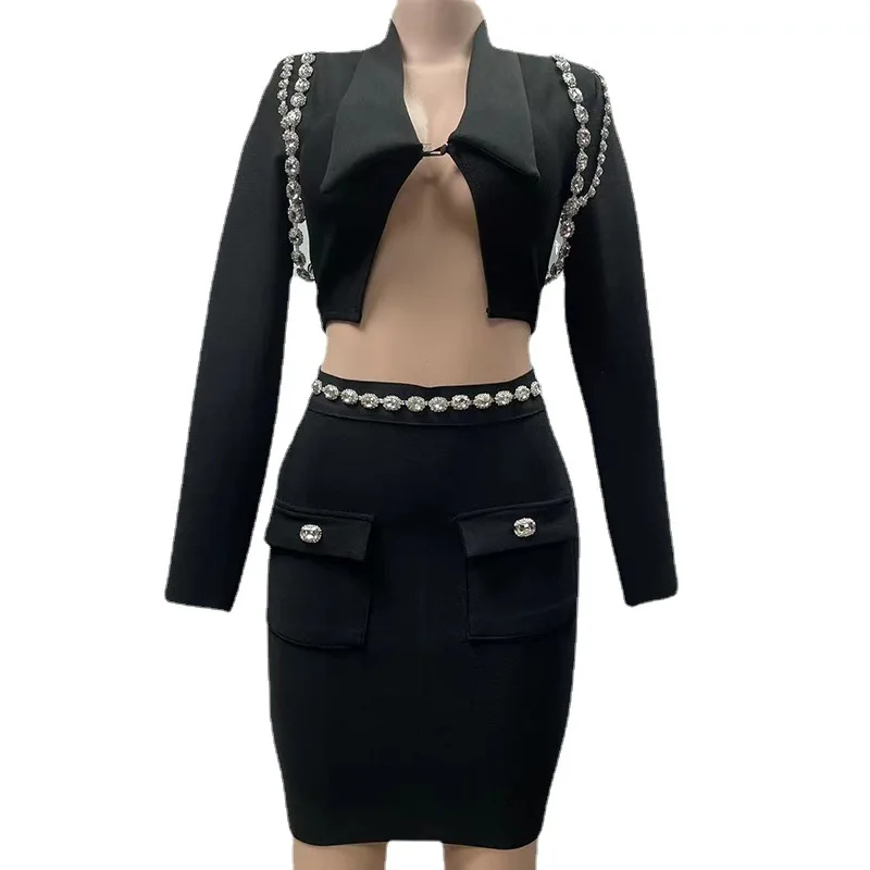 Conjunto de falda de traje de lujo de cristal Sexy para mujer, ropa femenina para Club nocturno, ropa de Bar, chaqueta informal, abrigo para niña caliente, vestido de fiesta