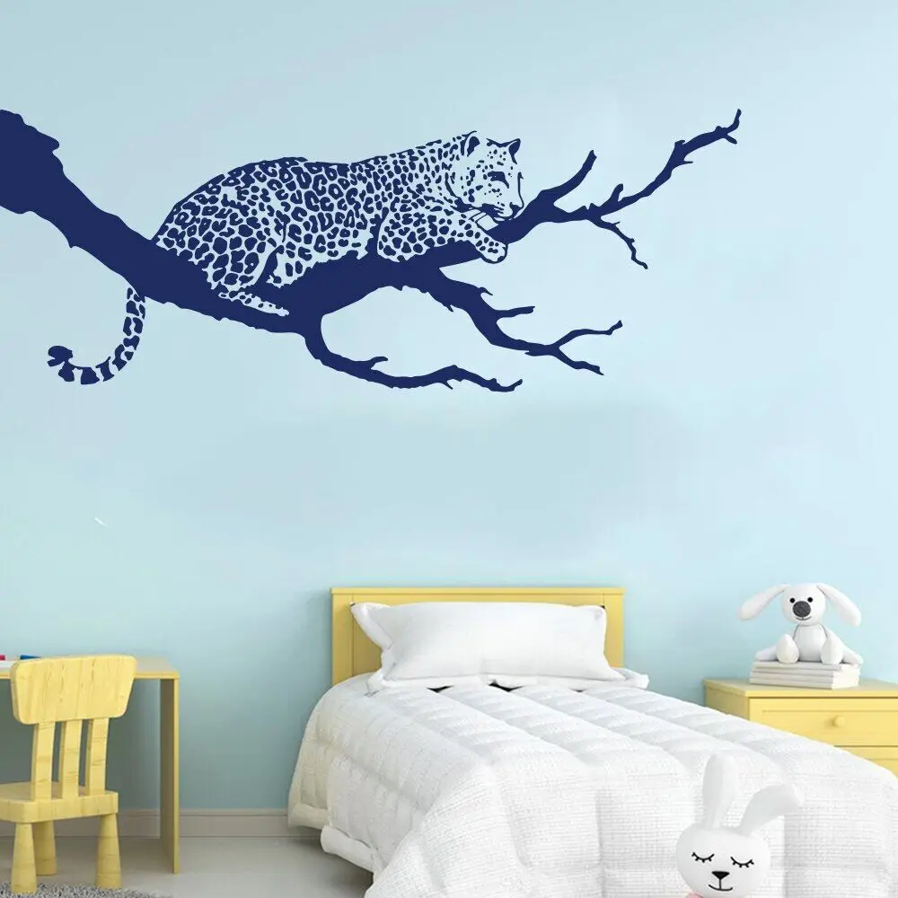 Cartoon Leopard Branch Wall Sticker Bedroom Living Room Cat Tiger Zoo Jungle Animal Tree Wall Decal Vinyl Home Decor