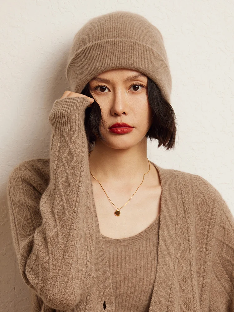 新しい秋冬女性の 100% カシミヤ二重層暖かいカシミヤニット帽子高品質厚いカジュアルカシミヤ帽子