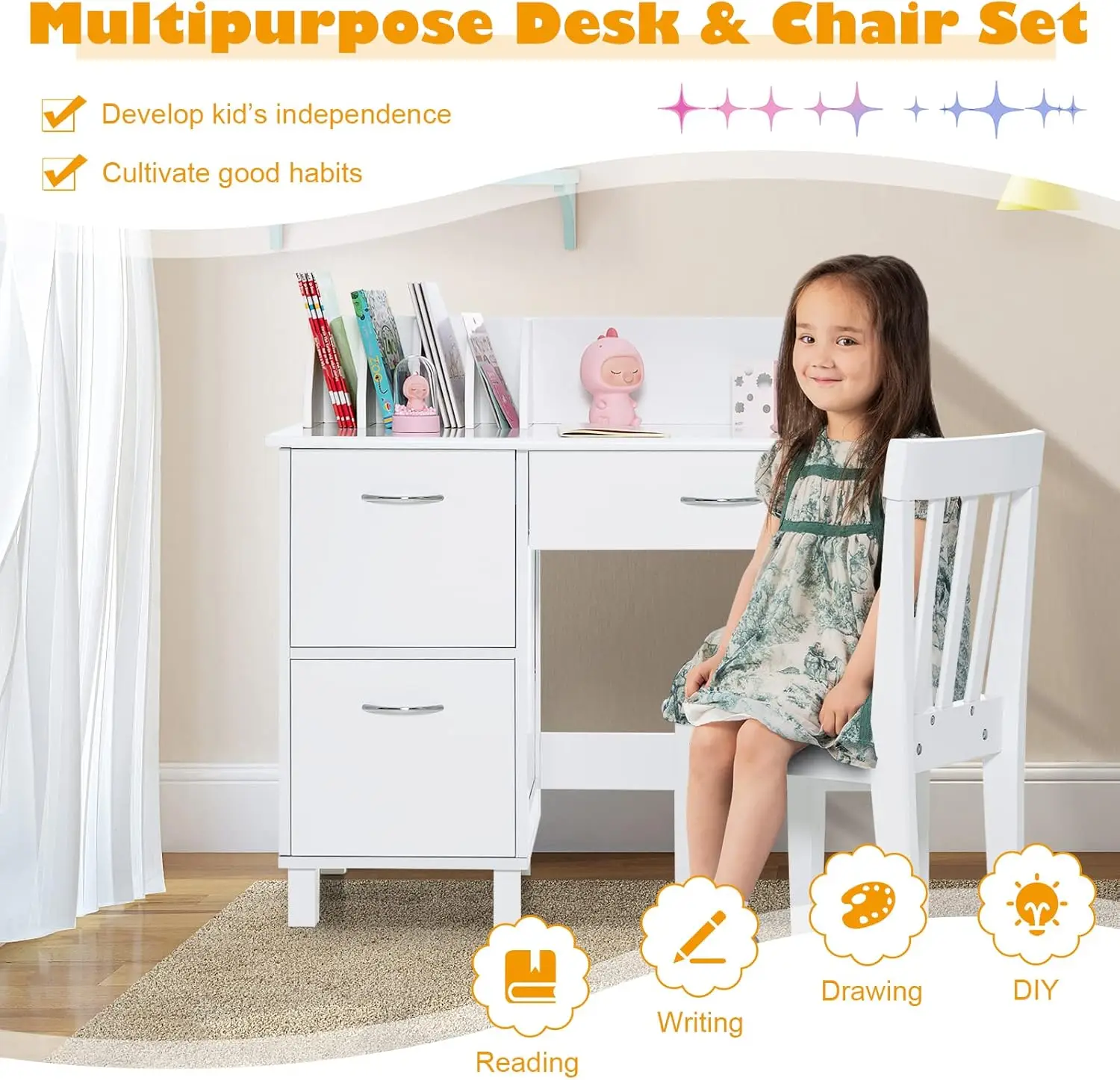 Kids Desk and Chair Set, Children Wooden School Learning Table w/Drawer & Storage Cabinets, Student Writing Computer Workstation