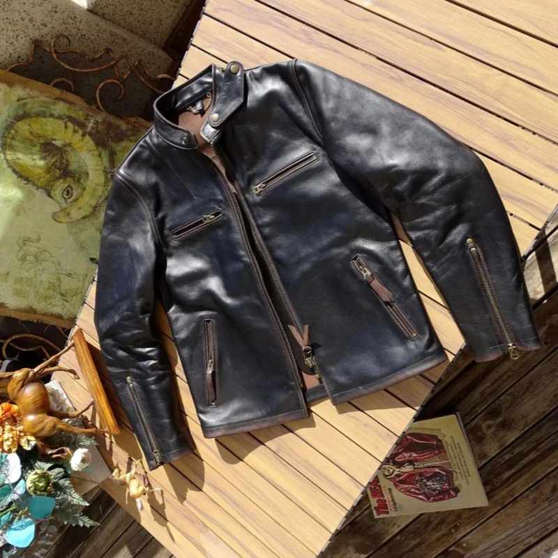 Retro Black Autumn Leather Jacket Men Vintage Style Plus Size 4XL Genuine Natural Horsehide Slim Fit Leather Coat