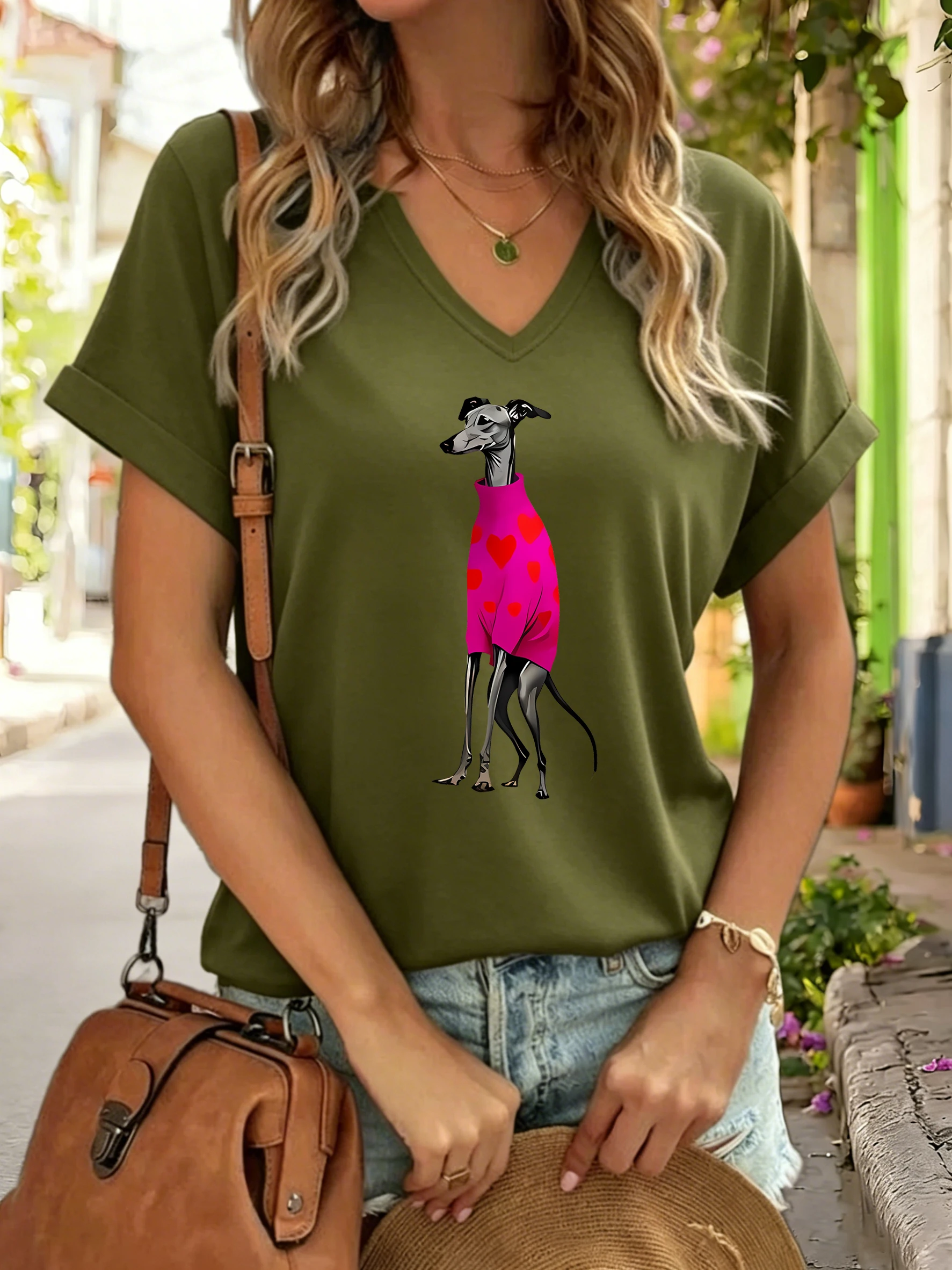 Women Summer V Neck Short Sleeve T Shirt, Cute Greyhound Wearing Heart Print Sweater Graphic, Lovely Pet Casual Tee for Ladies