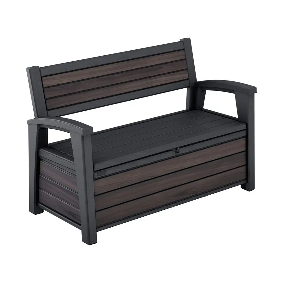 Banco de jardín, 130 x 60 x 85 cm, banco de almacenamiento resistente a la intemperie con espacio de almacenamiento de 227 litros, diseño en madera de palisandro, asiento para 2 personas, Rosewoo