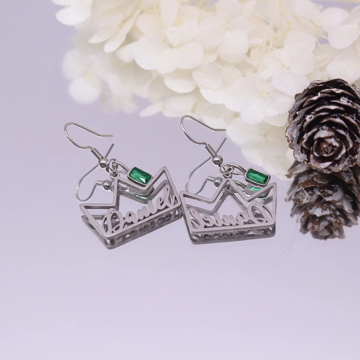 Chandler Custom Name Crown Earrings with Green Zircon, Princess Themed Dangle Earrings, Ethnic Jewelry for Women