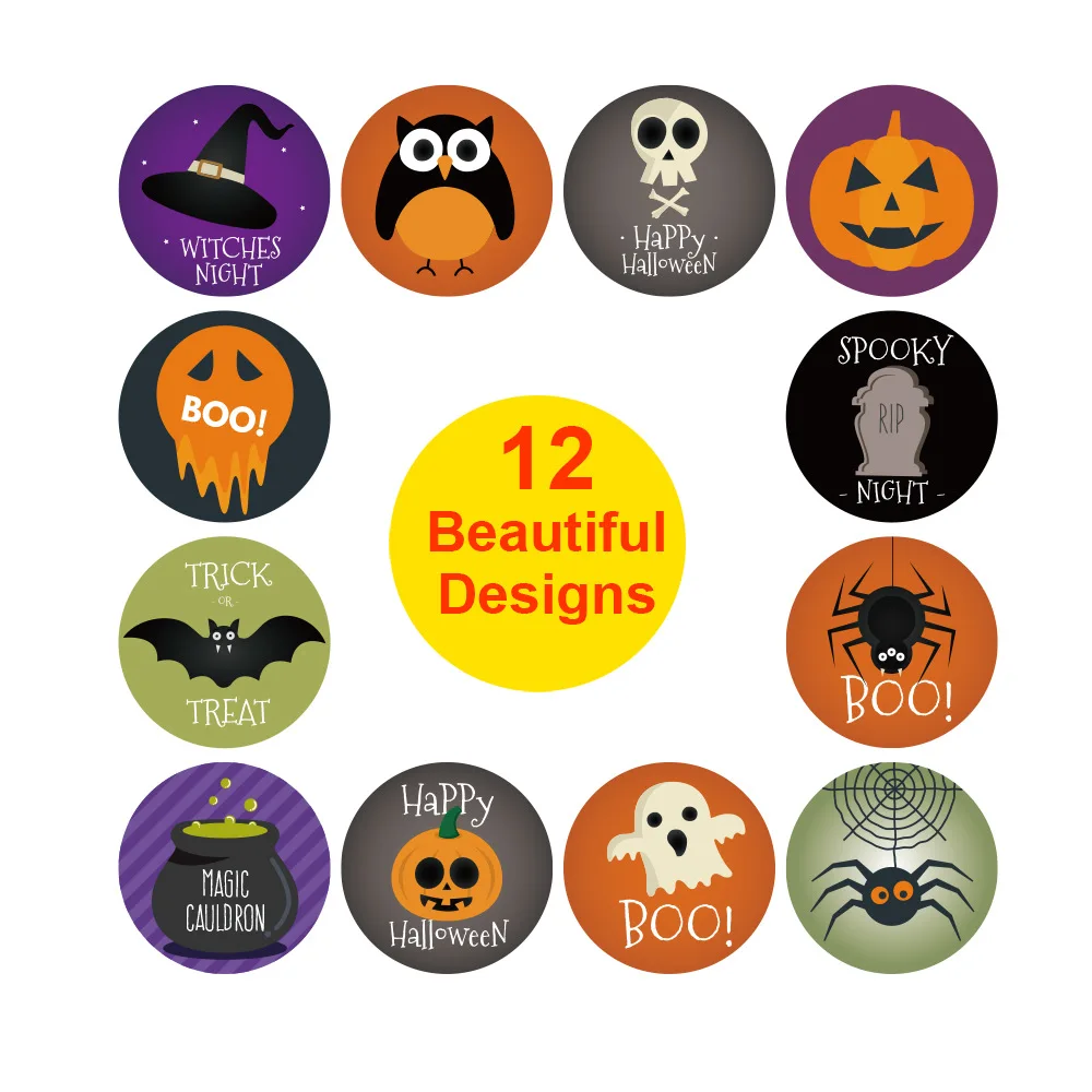 50-500pcs Round Pumpkin Bat Witch Spider Children's Halloween Party Gift Sticker 1 inch, 12 designs