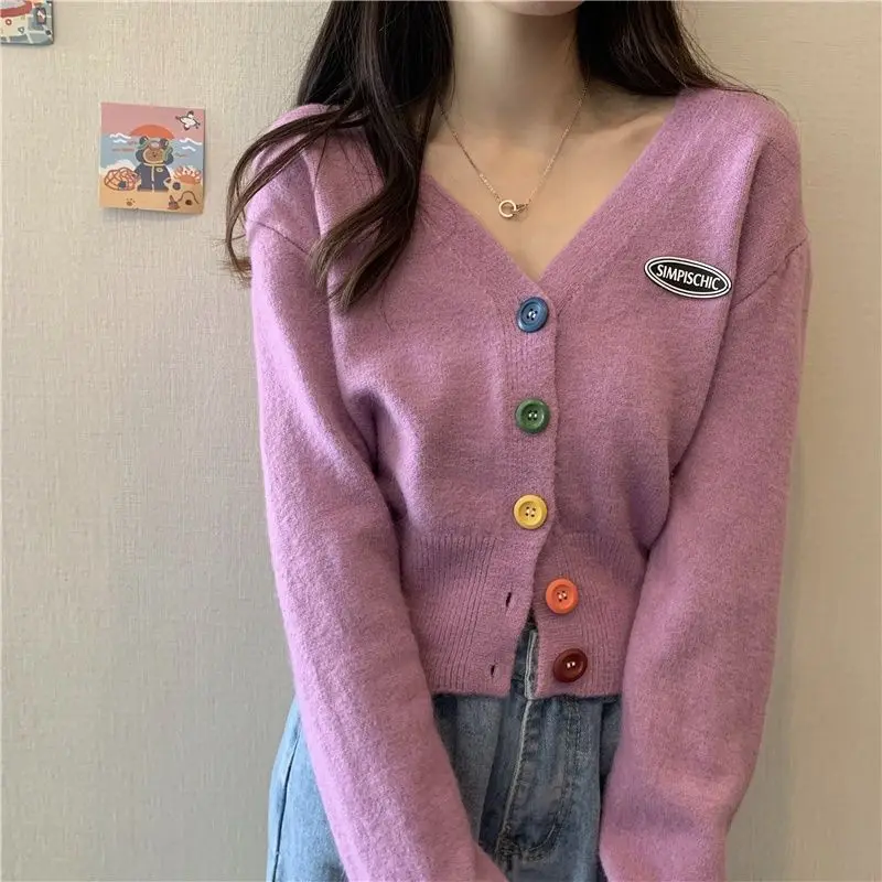 Screw Thread Button Solid Color Cardigan Sweater Knitted V-Neck Coats Fashion All-match Women\'s Clothing Autumn Winter Tops