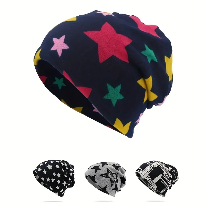 

Scarf Hat Dual-Use Star Geometric Print Beanies Cap Windproof Stretchable Skullies Caps For Women Men Travel Sports Skiing Caps