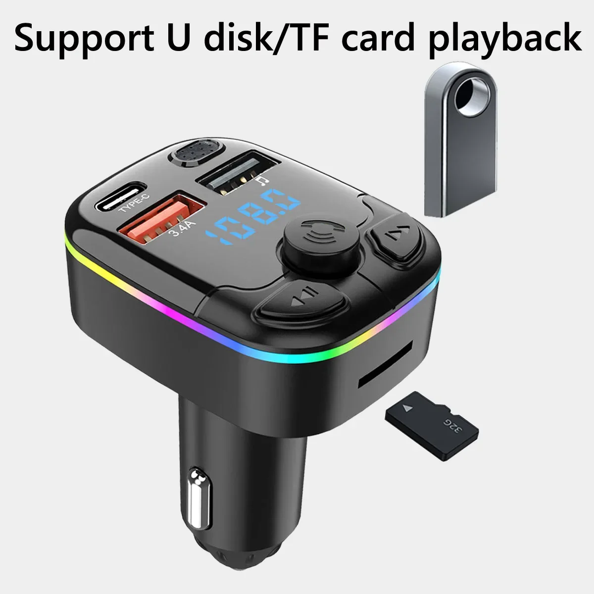 ชุดเครื่องส่งสัญญาณ FM แบบไร้สายบัตร TF เครื่องเล่น MP3 mobil Musik ดิสก์ U แบบคู่ USB ประเภท C