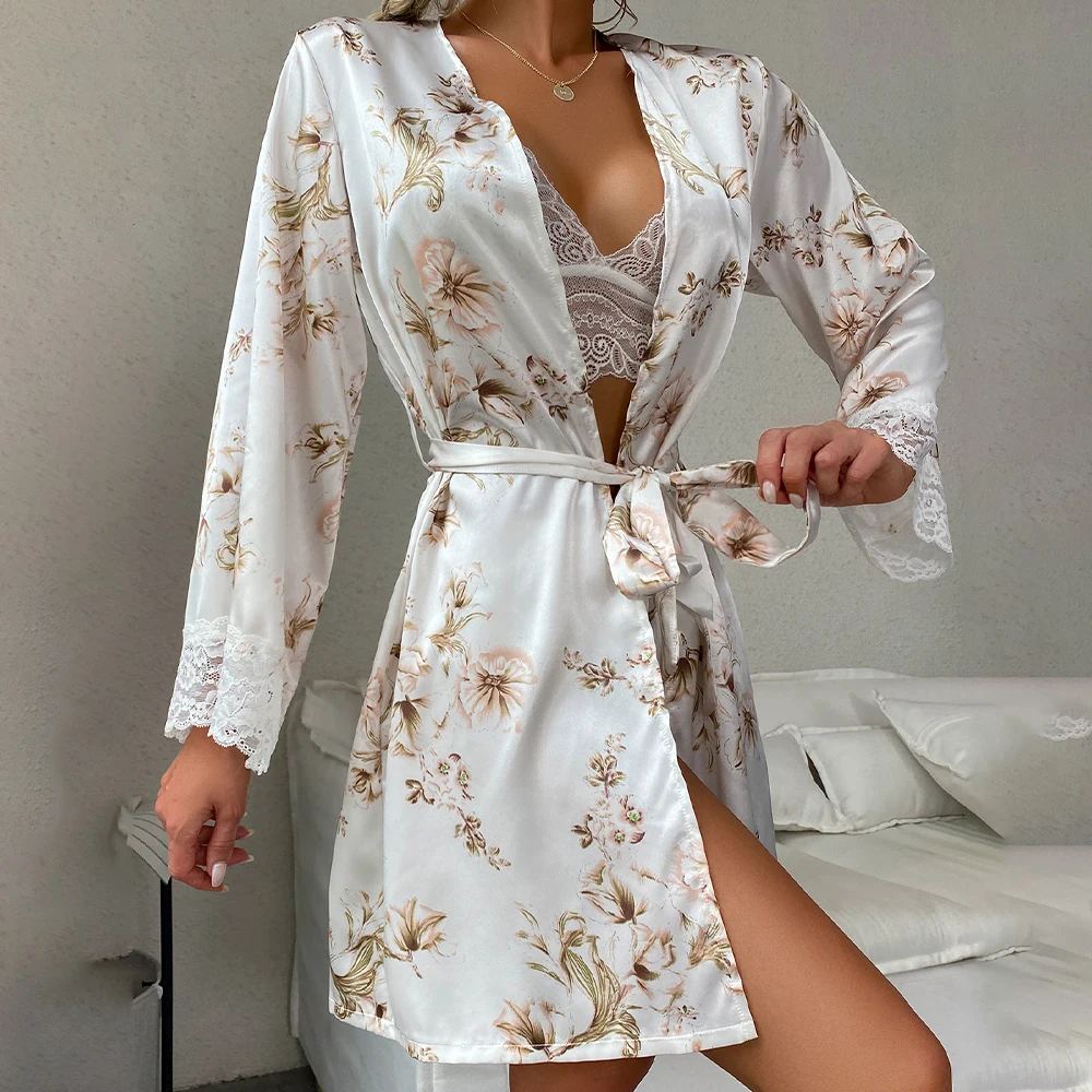 Christmas Women Sleepwear top Print Flower Erotic Lace Cardigan Home Clothes Winter Pajamas Robes Kimono with Lace Up Bathrobe