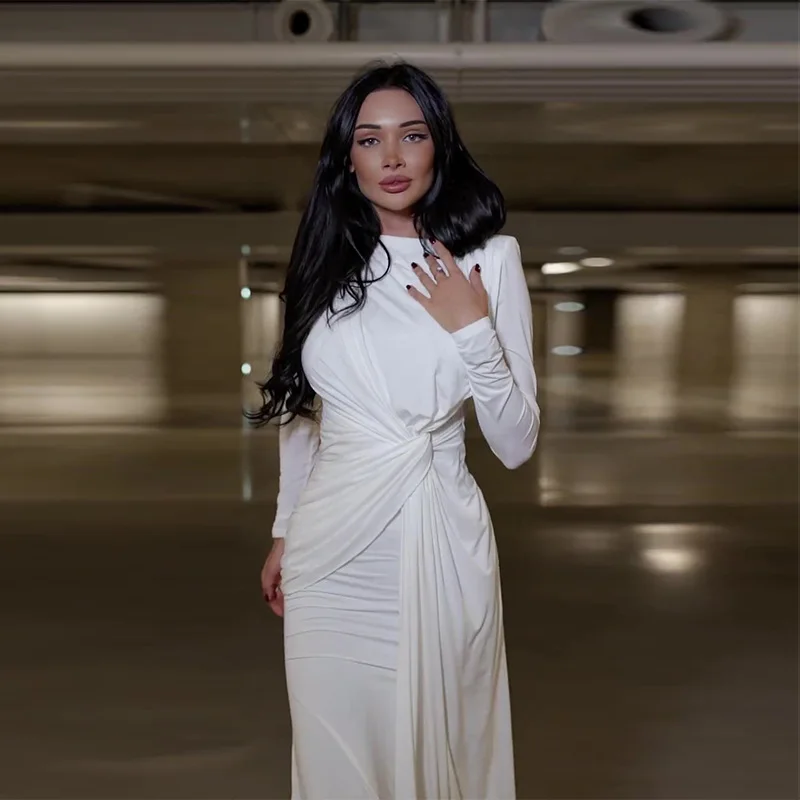 새로운 라운드넥 주름 허리끈 슬림 단색 우아한 화이트 긴팔 드레스 여성 우아한 패션 롱 가운