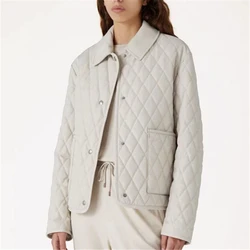 Rhombus Pattern Cotton Coat For Women High Quality White Jackets 2024 Luxury Winter New Navy Blue Women's Clothing ﻿