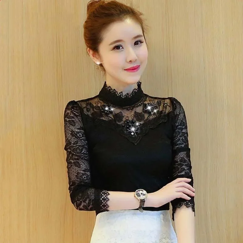 

Thickened Oversize Women's Long Sleeved T- High Neck Shirt Lace Blusas Clothes for Women Tops Shirts Blouses