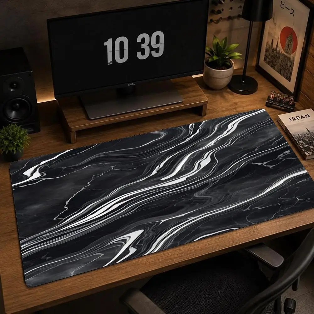 Large Black Marble Swirl XXL Mousepad Abstract Liquid Texture Deskmat Non-Slip Rubber Gaming Pc Keyboard Desk Gamer Mats