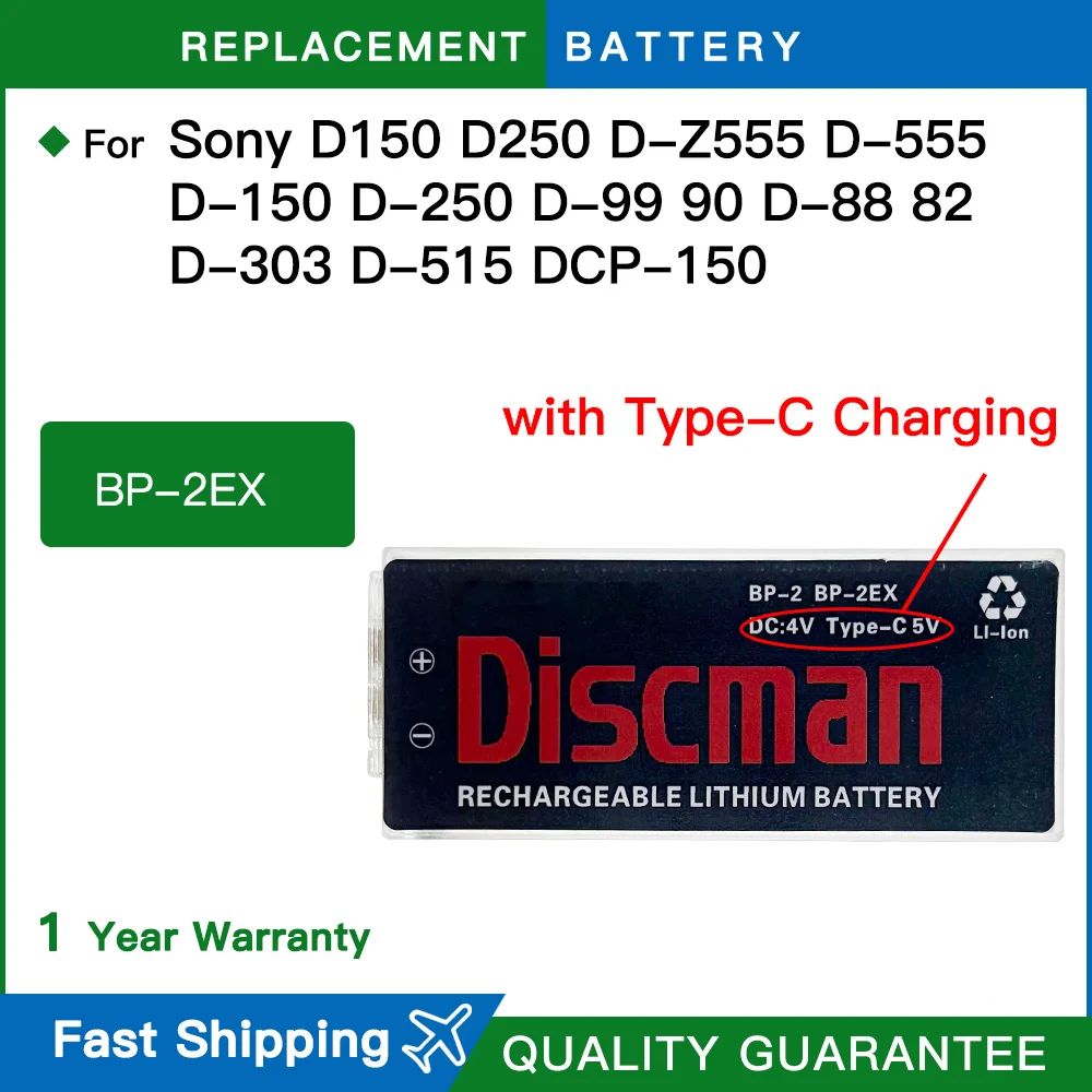 Batería BP-2EX BP-2 Discman para Sony D150 D250 D-Z555 D-555 D-150 D-250 D-99 90 D-88 82 D-303 D-515 Dcp-150 con carga tipo C