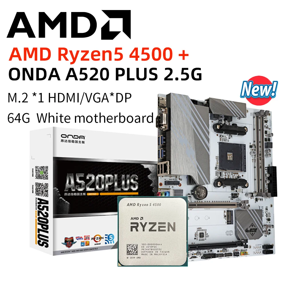 New AMD R5 4500 CPU +ONDA A520-PLUS 2.5G Socket AM4 white Motherboard DDR4 64GB PCI-E 3.0 M.2  Desktop  Mainboard  Overlocking