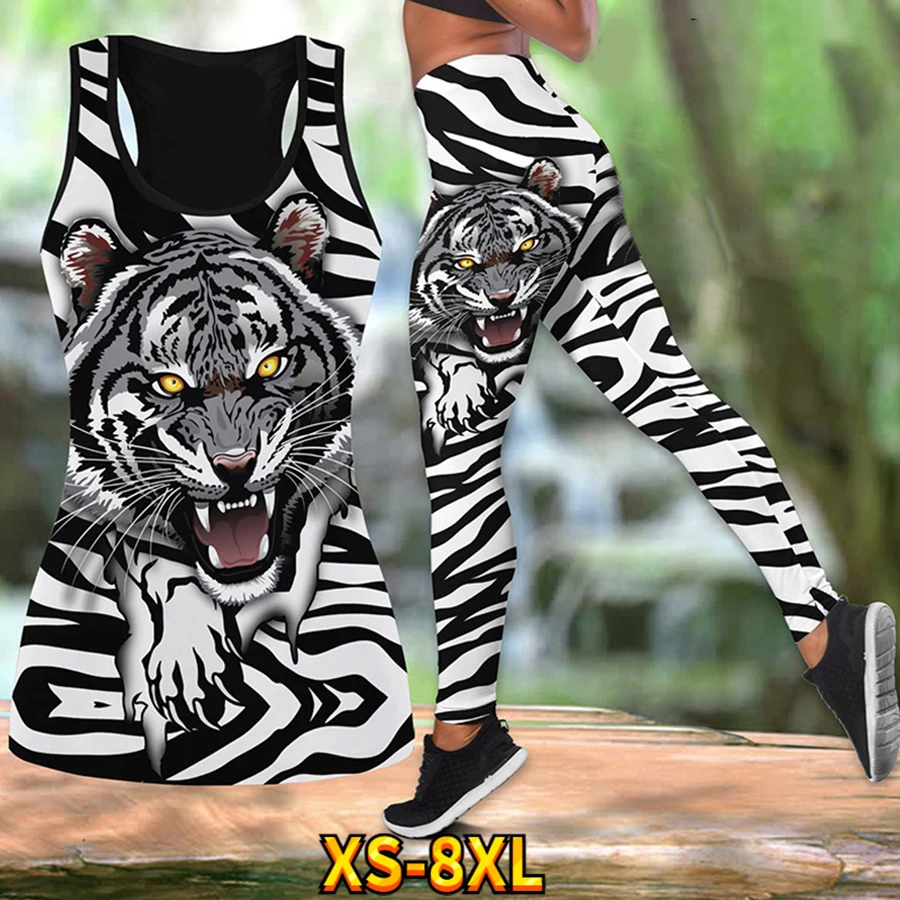 Ladies Outdoor Casual Top Vest with Tiger Head Print Gym Running Butt Yoga Pants Quick Drying Breathable Suit XS-8XL