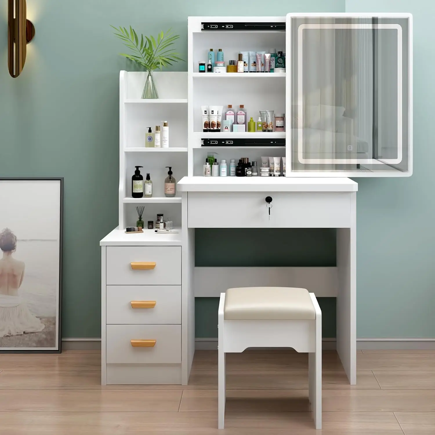 

Makeup Vanity Desk with Sliding Mirror and Lights,Vanity Set with Drawers, Stool and Open Shelves, 3 Color Lighting Modes