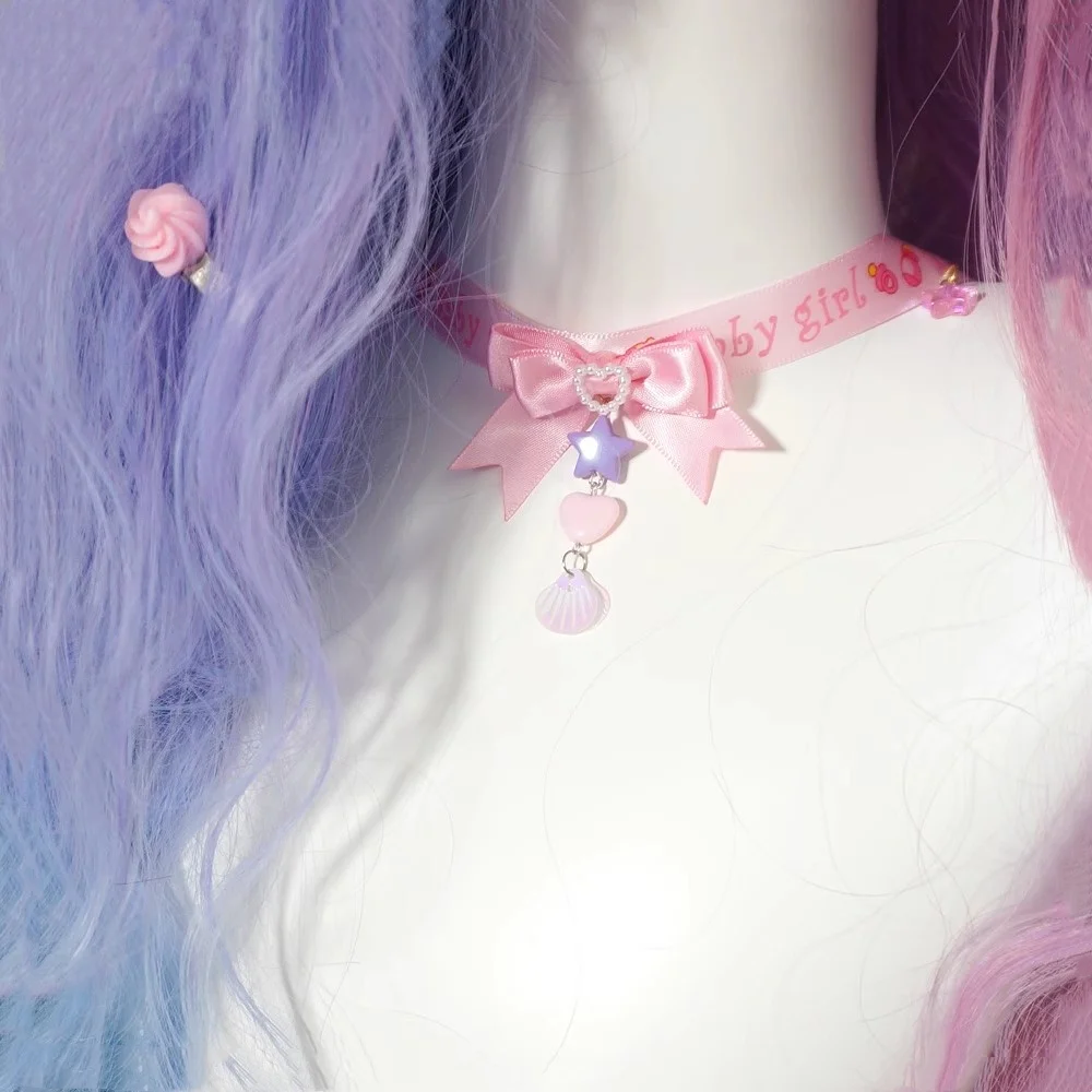Japanese Original Handmade Pink Blue Harajuku Bow Necklace Lolita Sweet Collar Chain Soft Cute Girl Y2K Jewelry Gift