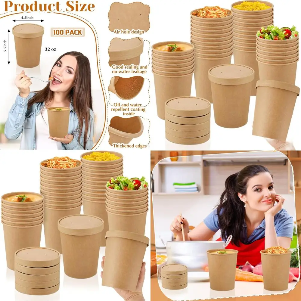 

32 oz Disposable Soup Containers with Vented Lids, Microwave and Freezer Safe, Brown Kraft Cups for Restaurants and Parties