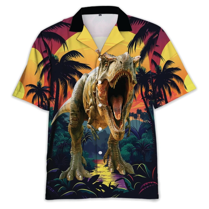 Hip Hop Dinosaur 3D Printed Hawaiian Beach Shirt Funny Animal Shirts For Men Clothes Fashion Tyrannosaurus Lapel Blouse Boy Tops