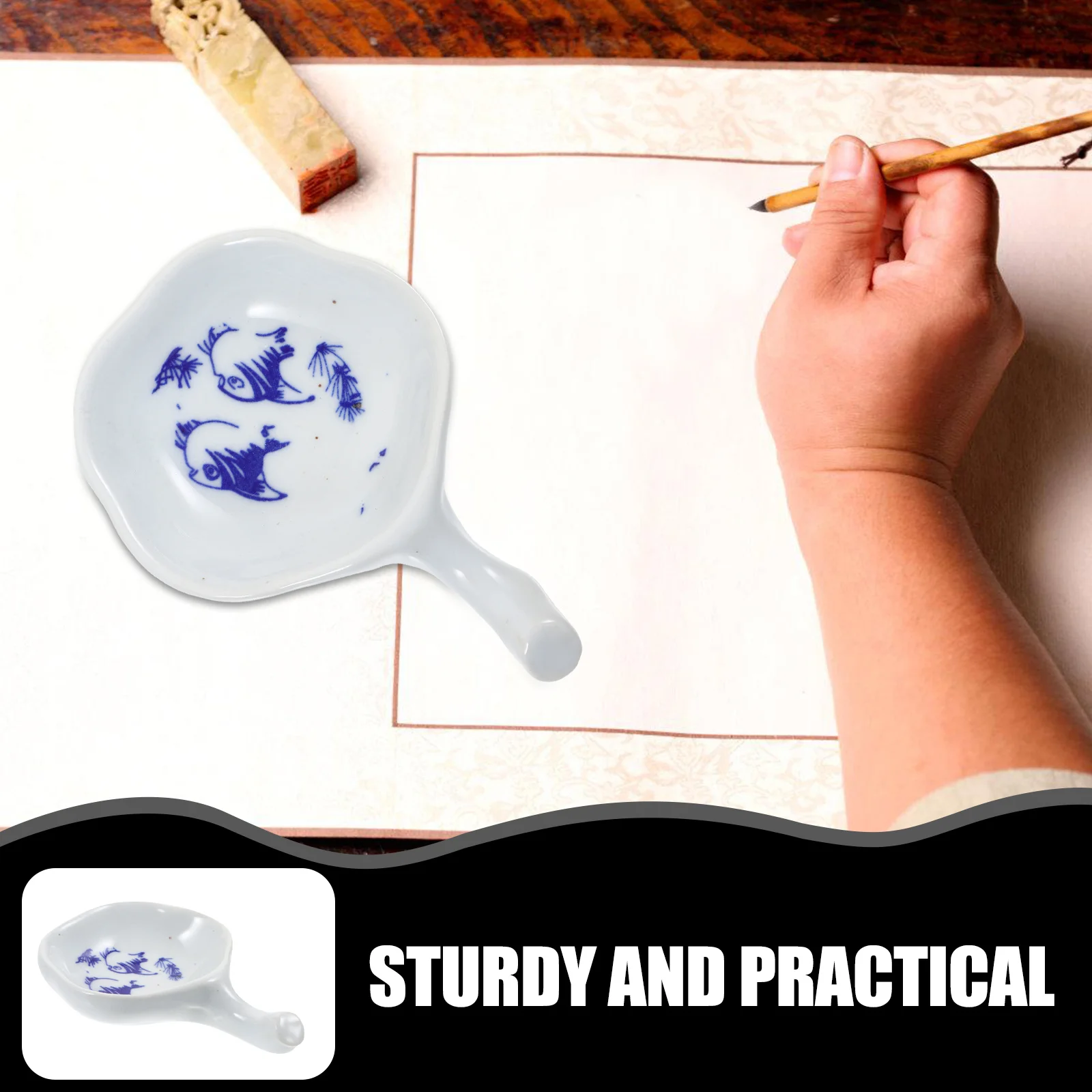 

2Pcs Ceramic Calligraphy Ink Dish Blue and White Porcelain Ink Plate Large Capacity Water Dish Brush Pen Holder for Calligraphy