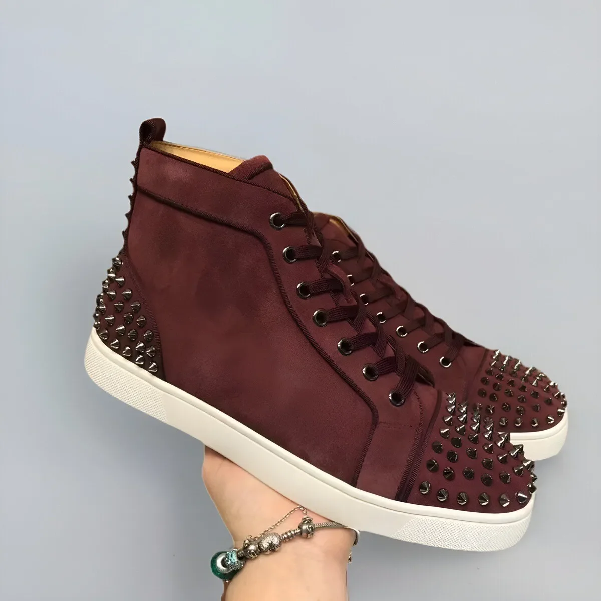 

Luxury High Top Red Bottom Shoes For Men Trainers Driving Spiked Suede Genuine Leather Silver Rivets Toecap Heels Flats Sneaker