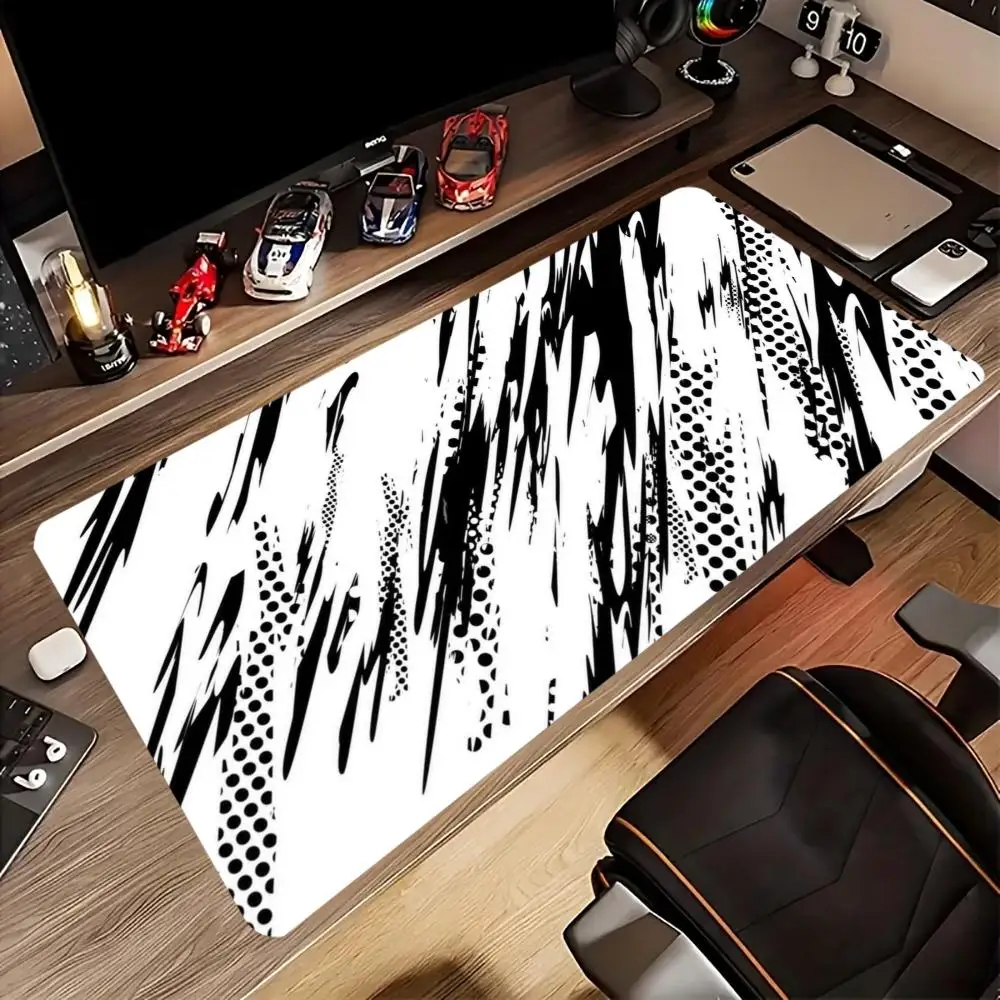 Black White Ink Smoke Oversize Gaming Mouse Pad Smooth Surface Stitched Edges Non-slip Mat for Dark Aesthetic Desktop