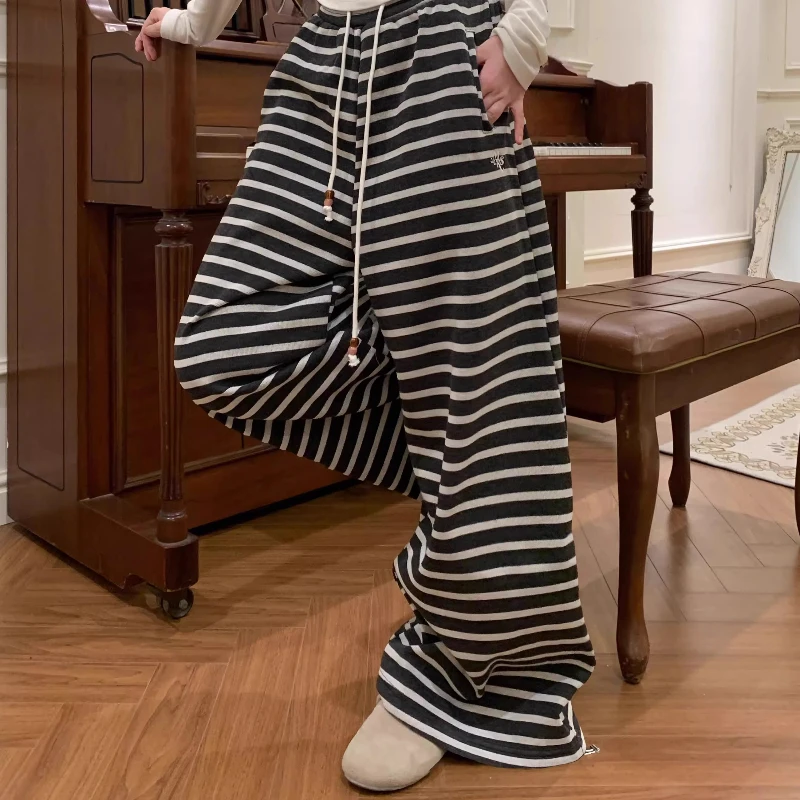American Retro Striped Loose Wide-Leg Straight Casual Women's Trousers Winter New Fleece-Lined Thickened Warm Long Pants Ladies