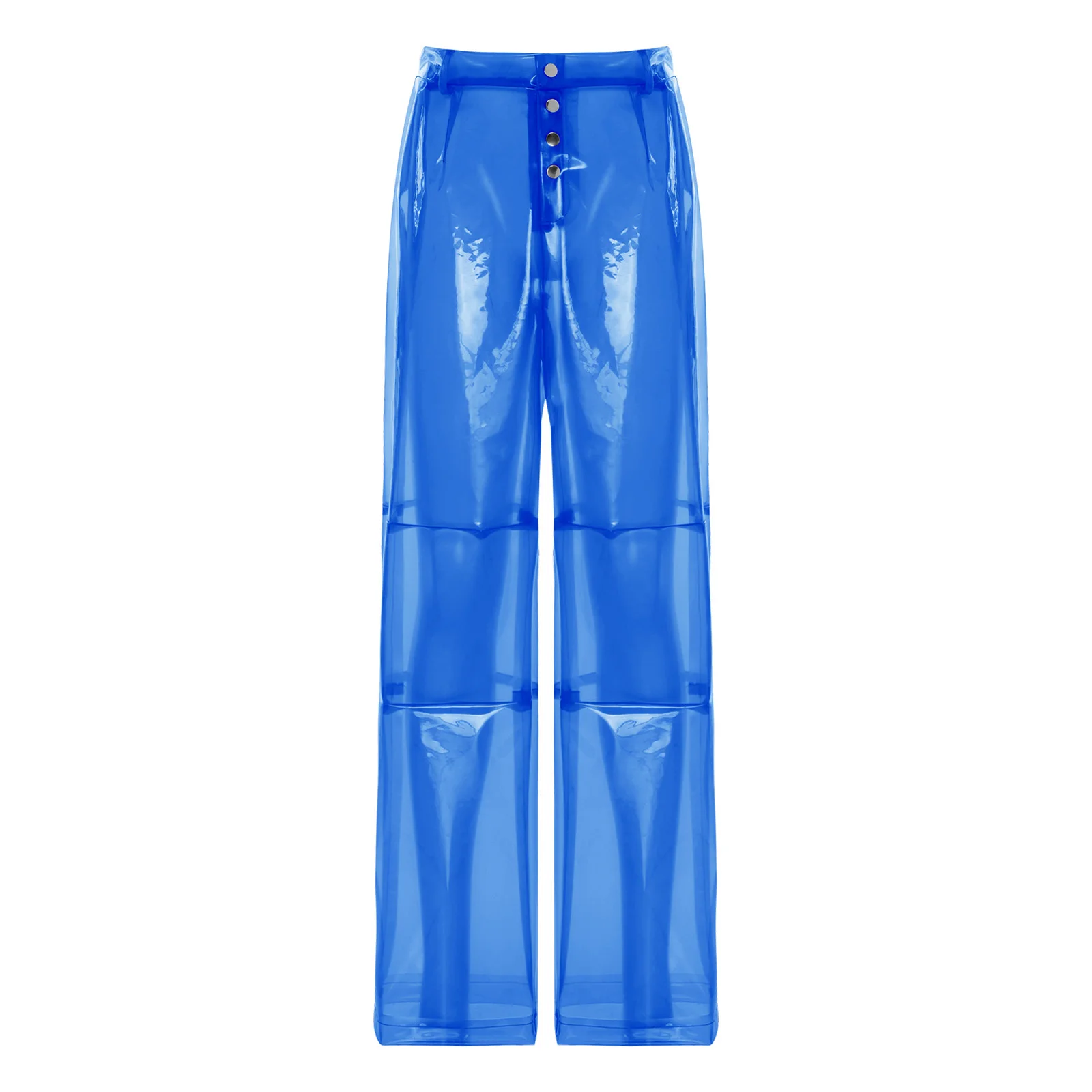 Durchsichtige Damen-Hose aus durchsichtigem PVC mit Knopfleiste an der Taille, weites Bein, gerade Hose, lange Hose für Raves, Party, Clubwear