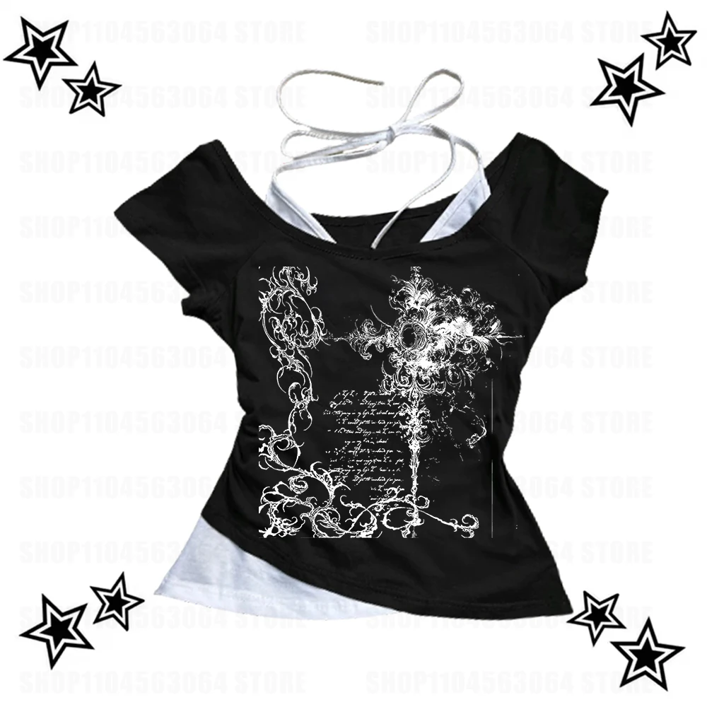 

Y2k Style Fashion T-shirts Summer Gothic Slim 2000s Vintage Graphic T-shirts Punk Women Short Sleeve Sexy Streetwear T-shirts