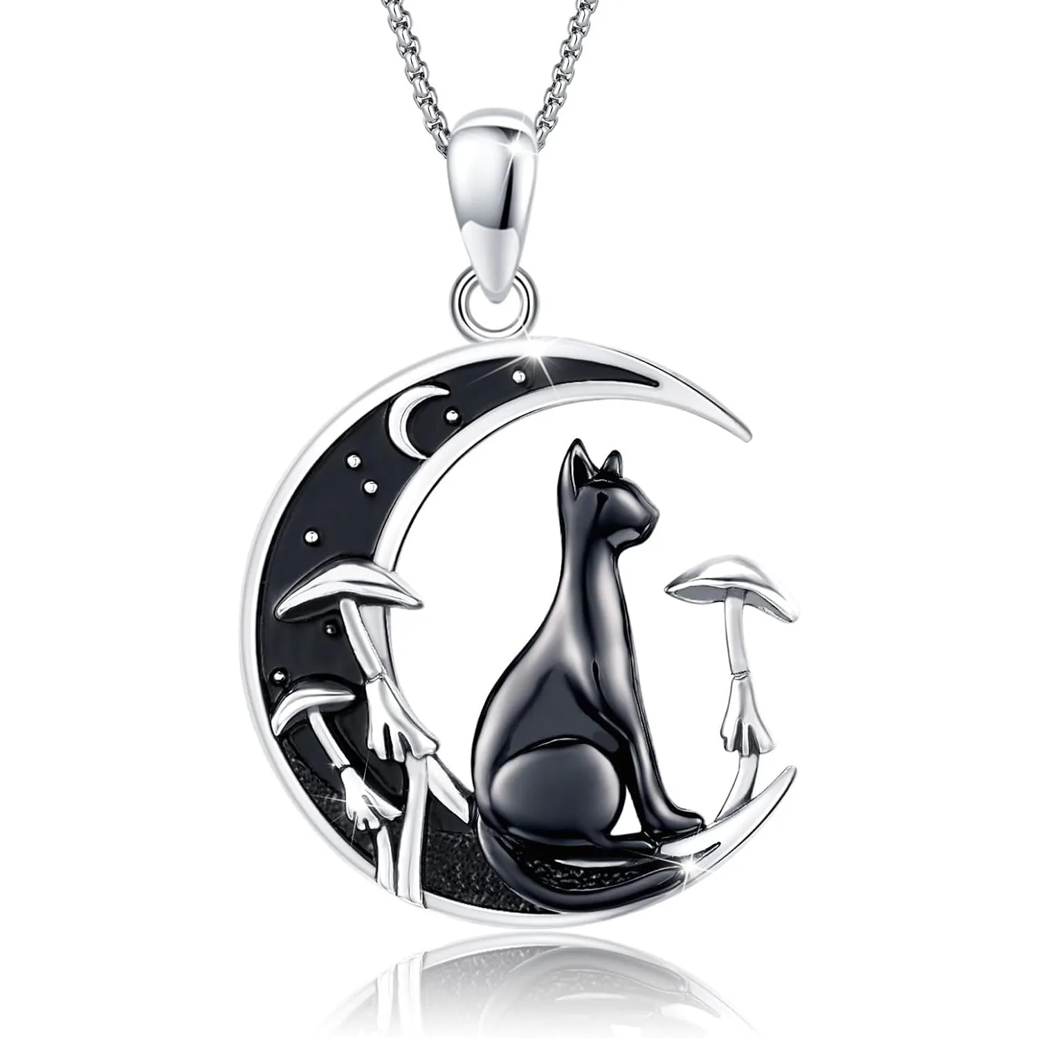 

Black Cat Necklace 925 Sterling Silver Gothic Jewelry Black Cat Mushroom Pendant Necklace for Women Men Gifts for Cat Lovers